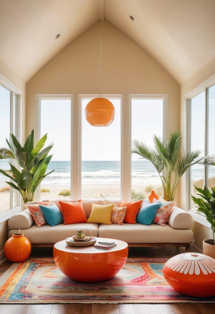 A cozy living room featuring beach-inspired decor, with vibrant swimwear-themed furniture such as a bright beach towel couch and oversized beach ball cushions. The walls adorned with sea shell art and tropical plants in colorful pots, while sunlight streams through large windows that overlook a sandy beach. A playful surfboard is propped against the wall, adding to the beachy vibe. warm colors. super-realistic. bright and airy.