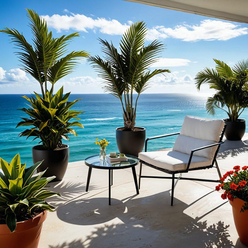 A sunlit outdoor patio with sleek modern furniture, featuring a stylish lounge chair, a glass-top table, and vibrant potted plants. The ocean waves gently lap against the shore in the background, with a clear blue sky and soft white clouds above. The scene should evoke a breezy, relaxing atmosphere perfect for seaside living. super-realistic. vibrant colors. serene beach backdrop.