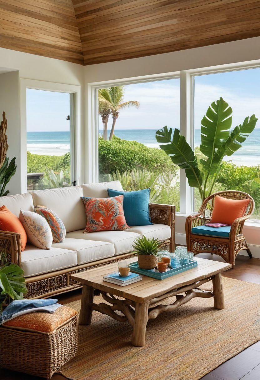 A stylish beach house interior featuring trendy furniture, including a comfortable rattan sofa adorned with colorful cushions, a large driftwood coffee table, and tropical plants in the background. Sunlight filters through large windows, casting soft shadows on the sand-colored wooden floor. The scene evokes relaxation and coastal vibes with beach-themed decor elements like seashells and surfboards. dreamy, bright colors, super-realistic.